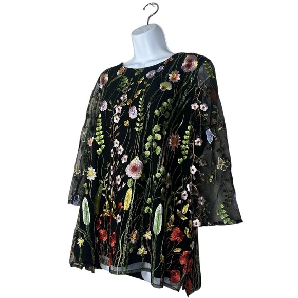 Caroline Rose Garden Walk Embroidered Floral Tunic Blouse Black Mesh Size Small - Picture 6 of 15